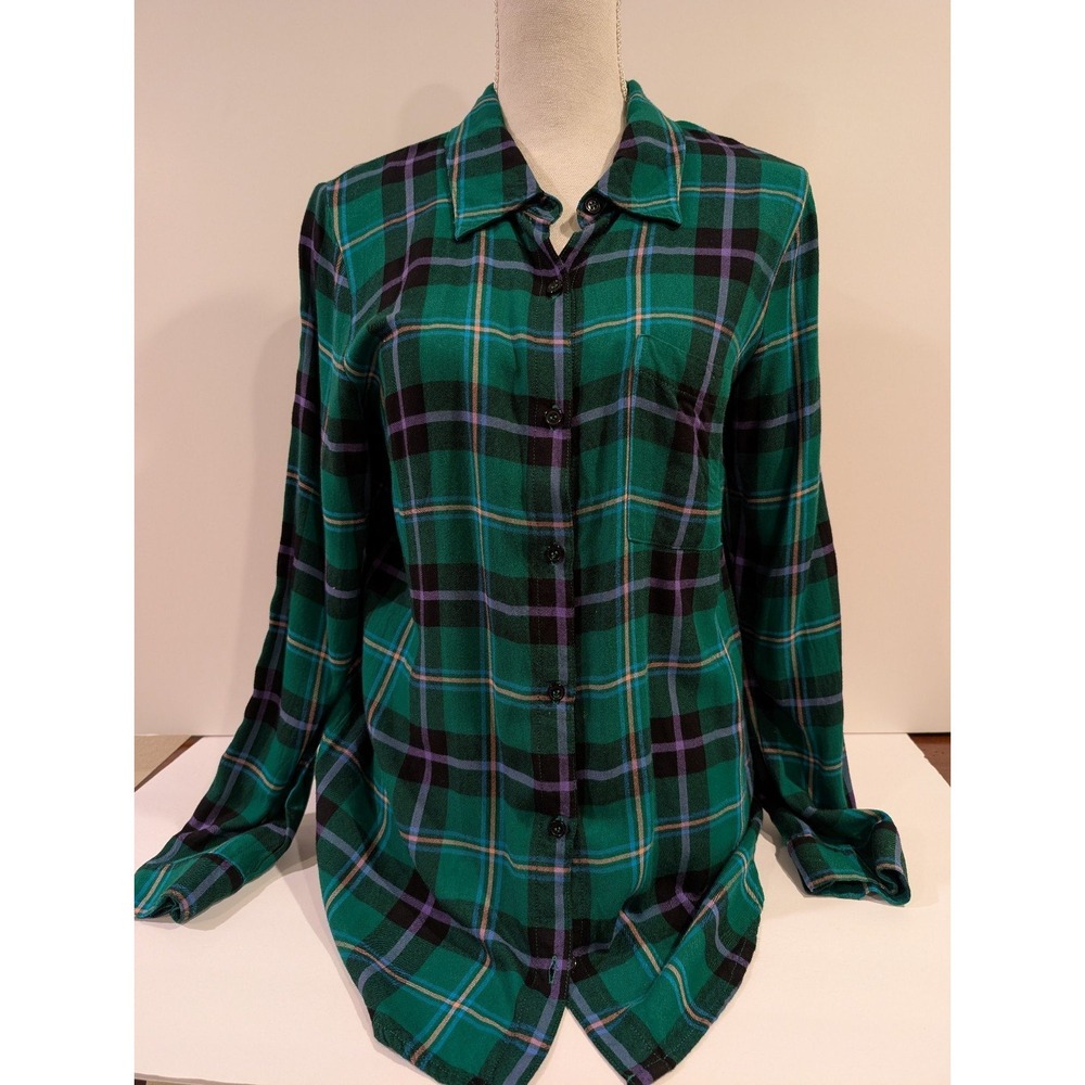 Spendid Flannel Shirt Size L Long Sleeve Green & Purple Plaid Button Up & Warm